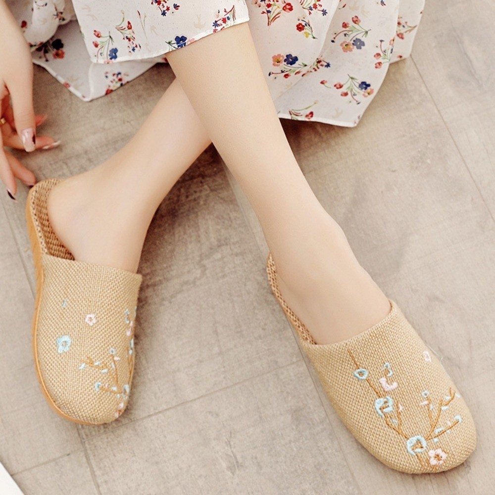 Embroidery Flower - Embroidery Flower Bamboo Indoor Slippers Linen