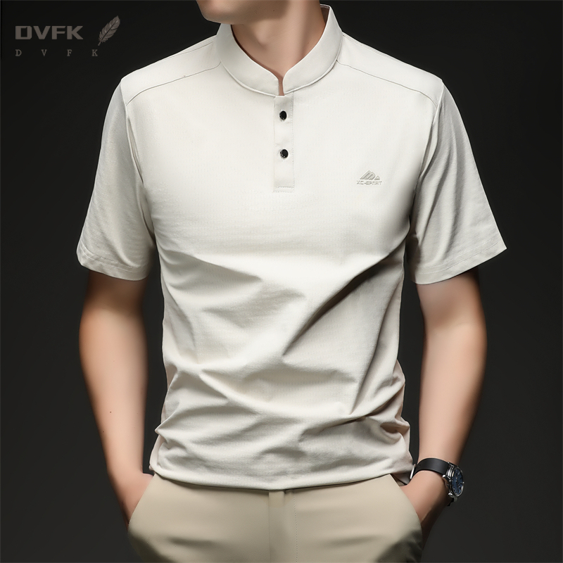 Embroidery Shirt - Mens Short Sleeve Mandarin Collar Sport