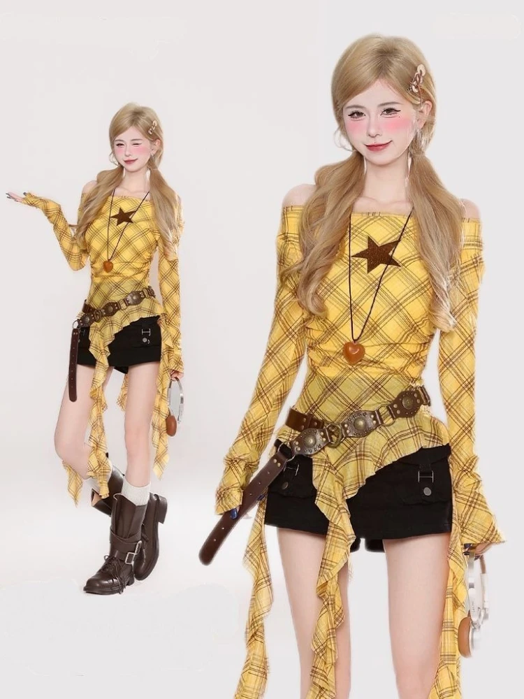 Y2K Plaid Slash Neck Vintage T - Embroidery Shirt recensione e prezzo
