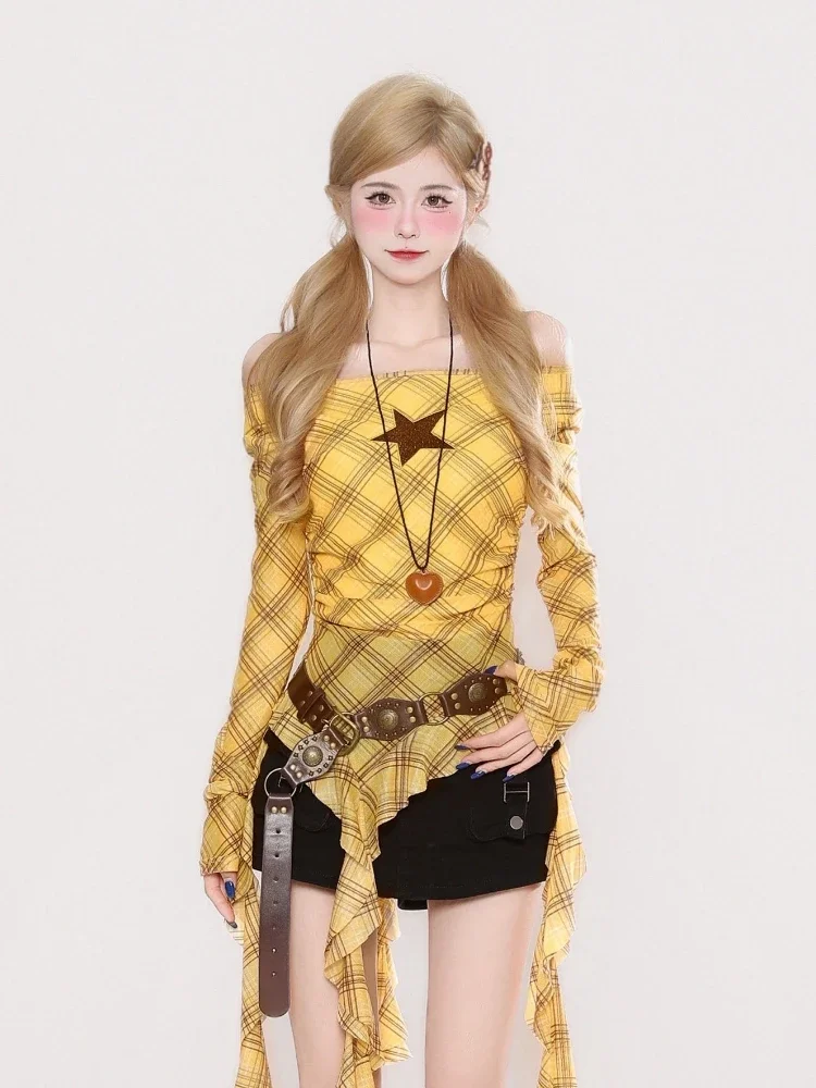 Y2K Plaid Slash Neck Vintage T - Embroidery Shirt recensione e prezzo