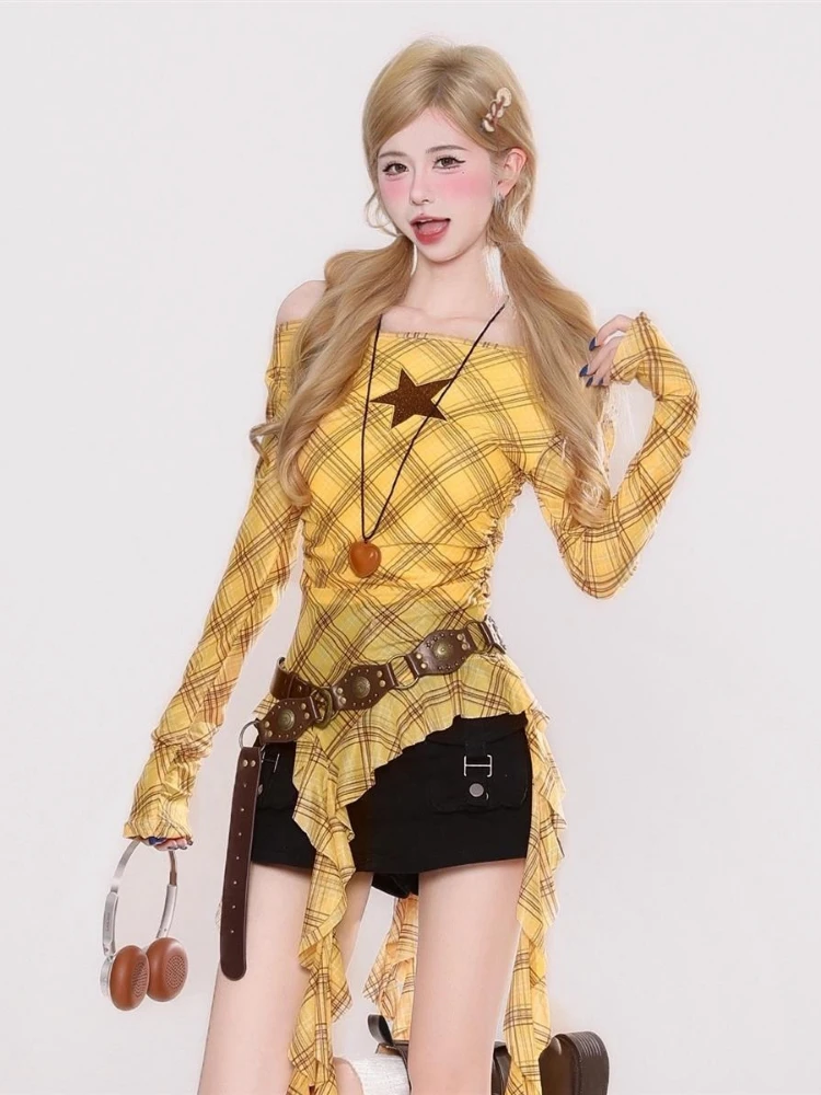 Y2K Plaid Slash Neck Vintage T - Embroidery Shirt recensione e prezzo