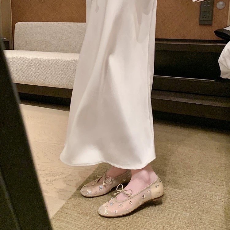 Mesh Rhinestone Bow Flat Mary  - Embroidery Flat Shoes recensione e prezzo